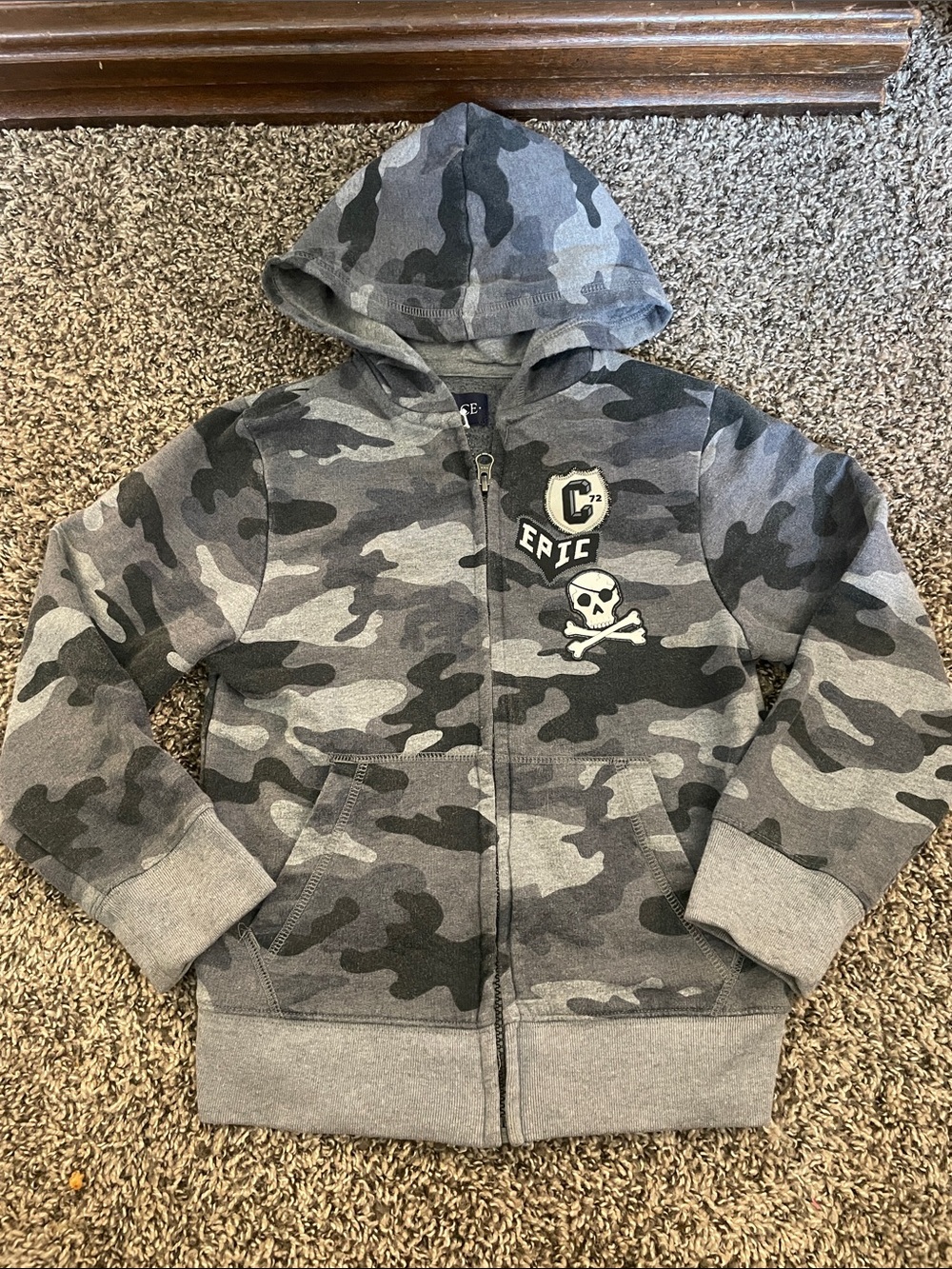 Place Boys' Gray Camouflage Zip Hoodie with Skull Patch